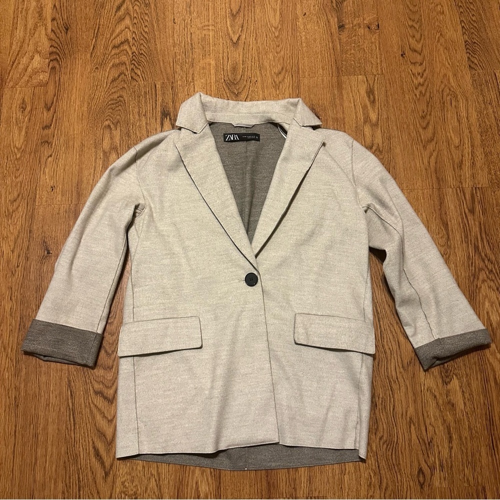 Zara Taupe Jacket with Light Gray Details unlined XS one button light weight